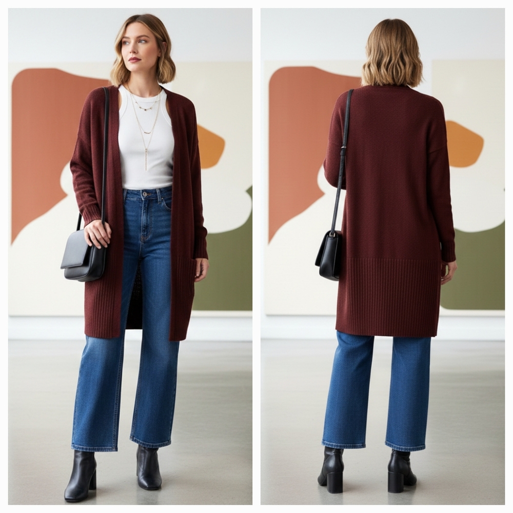 NWT Active USA S Red Brown Soft Knit Duster Cardigan Contemporary Loungewear